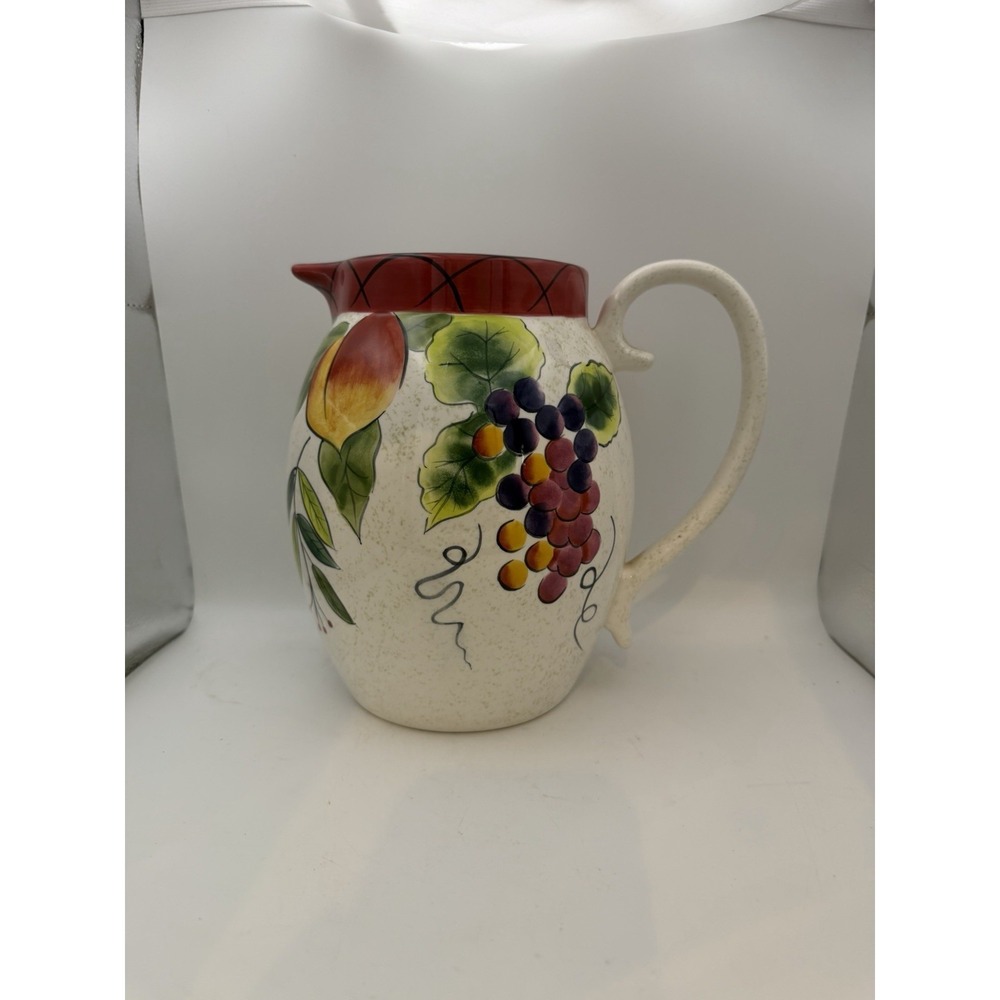 Clay Art Ambrosia Stoneware Pitcher Fruit Grapes Peach Hand Painted